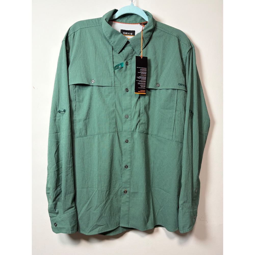 Orvis Outdoor Performance Fishing Shirt Green Plaid UPF 40 Roll Tab Mens L